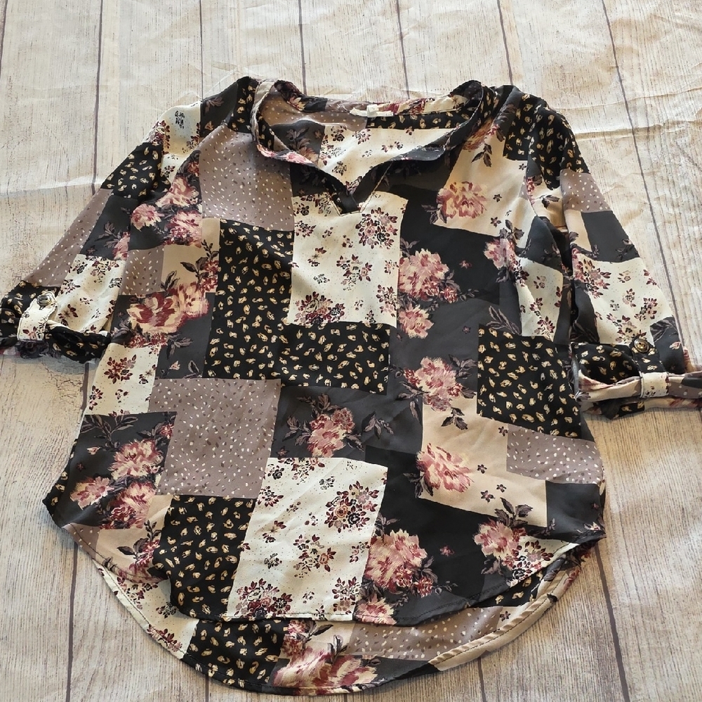 Maurices Floral Patchwork Blouse - Black, Cream, Pink